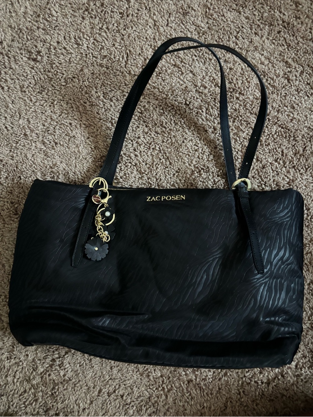 Zac Posen Black Embossed Tote with Gold Hardware Charm